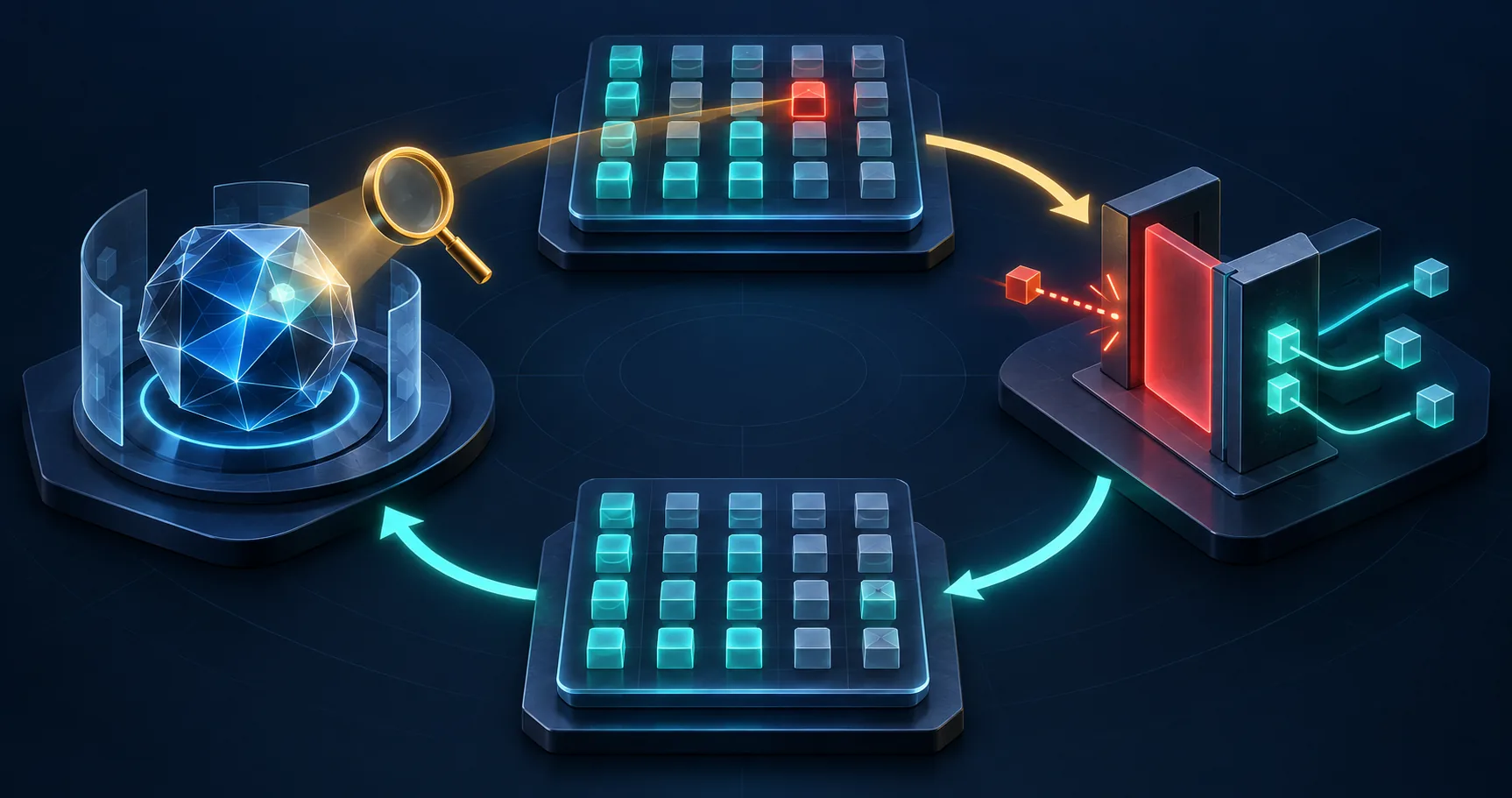 Conceptual illustration of an inspected agent, a test matrix, a policy blocking a dangerous path, and the same matrix run again.