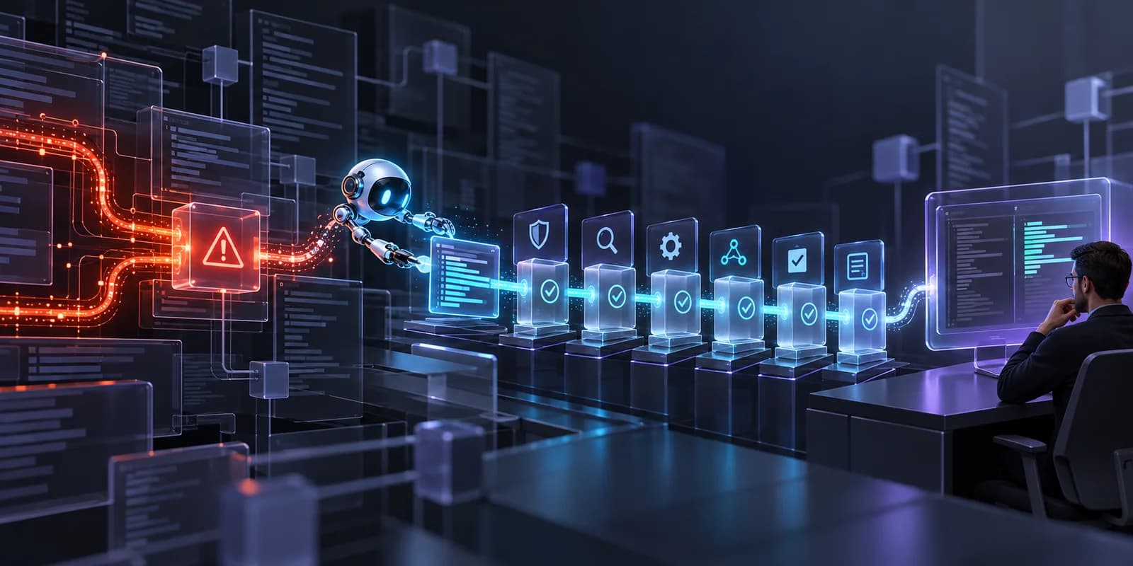 Illustration of an agent turning a vulnerable path into a patch and routing it through verification gates to human review.