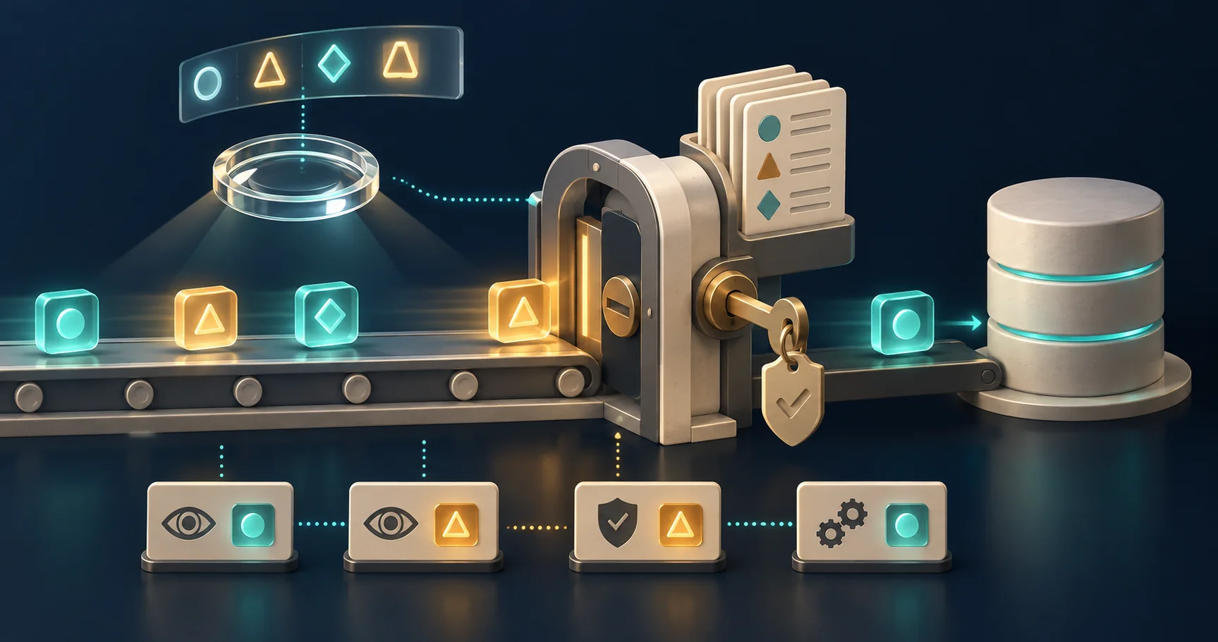 Illustration of agent actions observed through a lens and filtered by a gate before reaching a database.