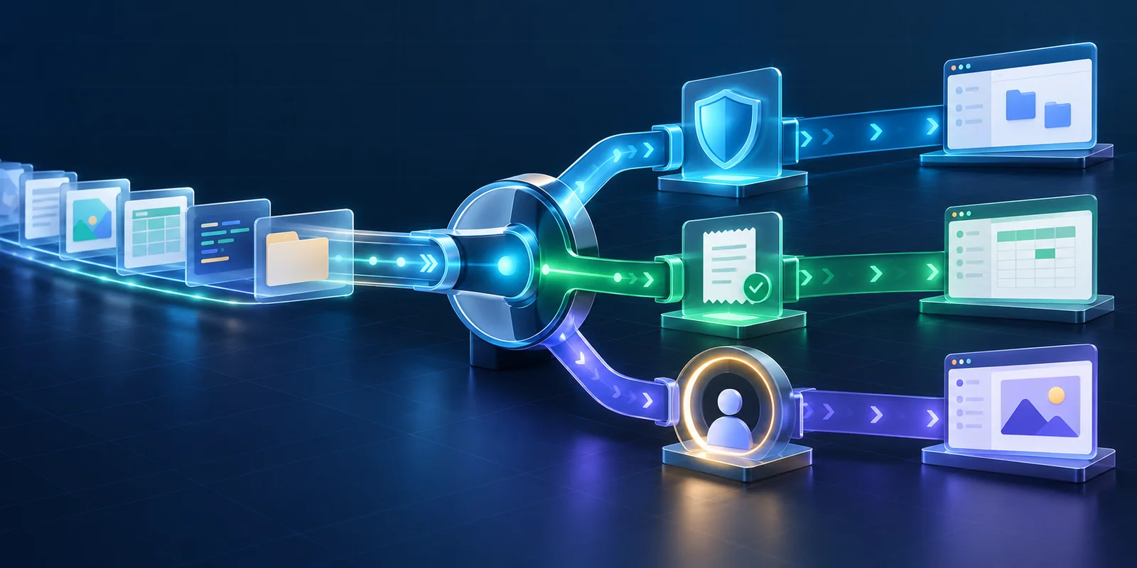 Illustration of visual tasks passing through a router and splitting into paths with safety, evidence, and human-approval controls.