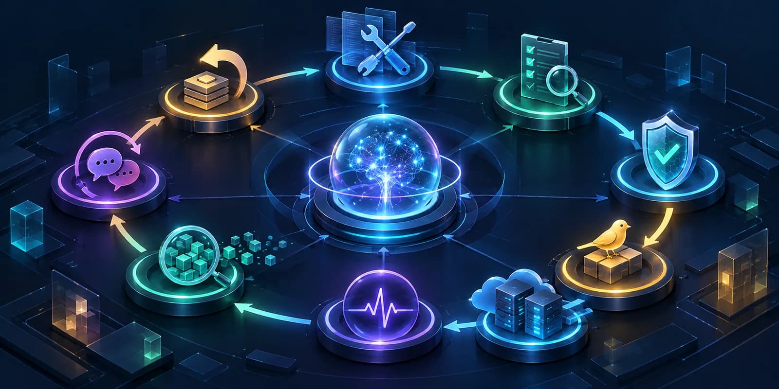 Illustration of an AI agent protected by a continuous circuit of nine checkpoints for tools, release, canary, drift, and feedback.