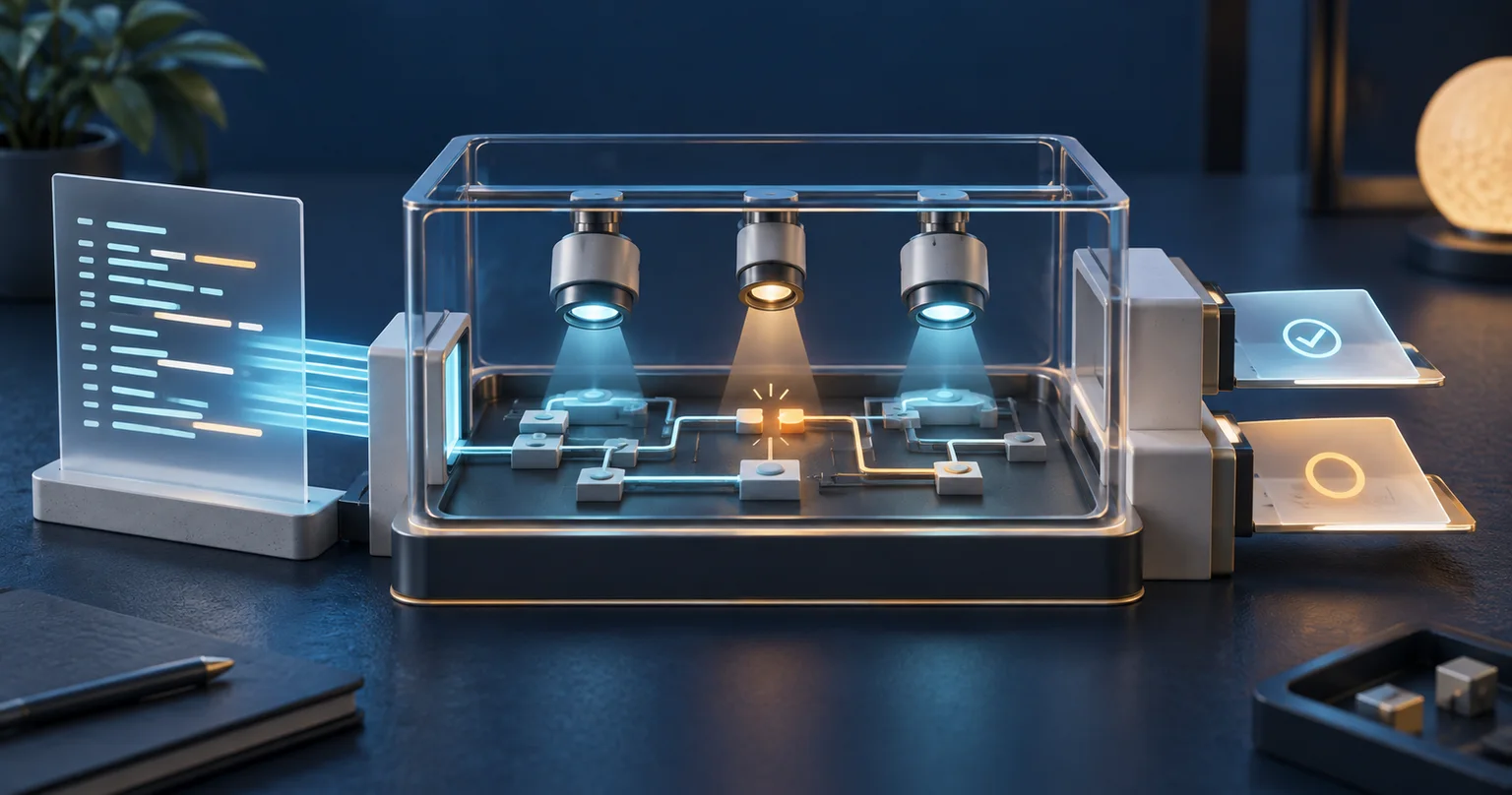 Conceptual illustration of code inspected inside an isolated environment, producing passing evidence and an unresolved finding.