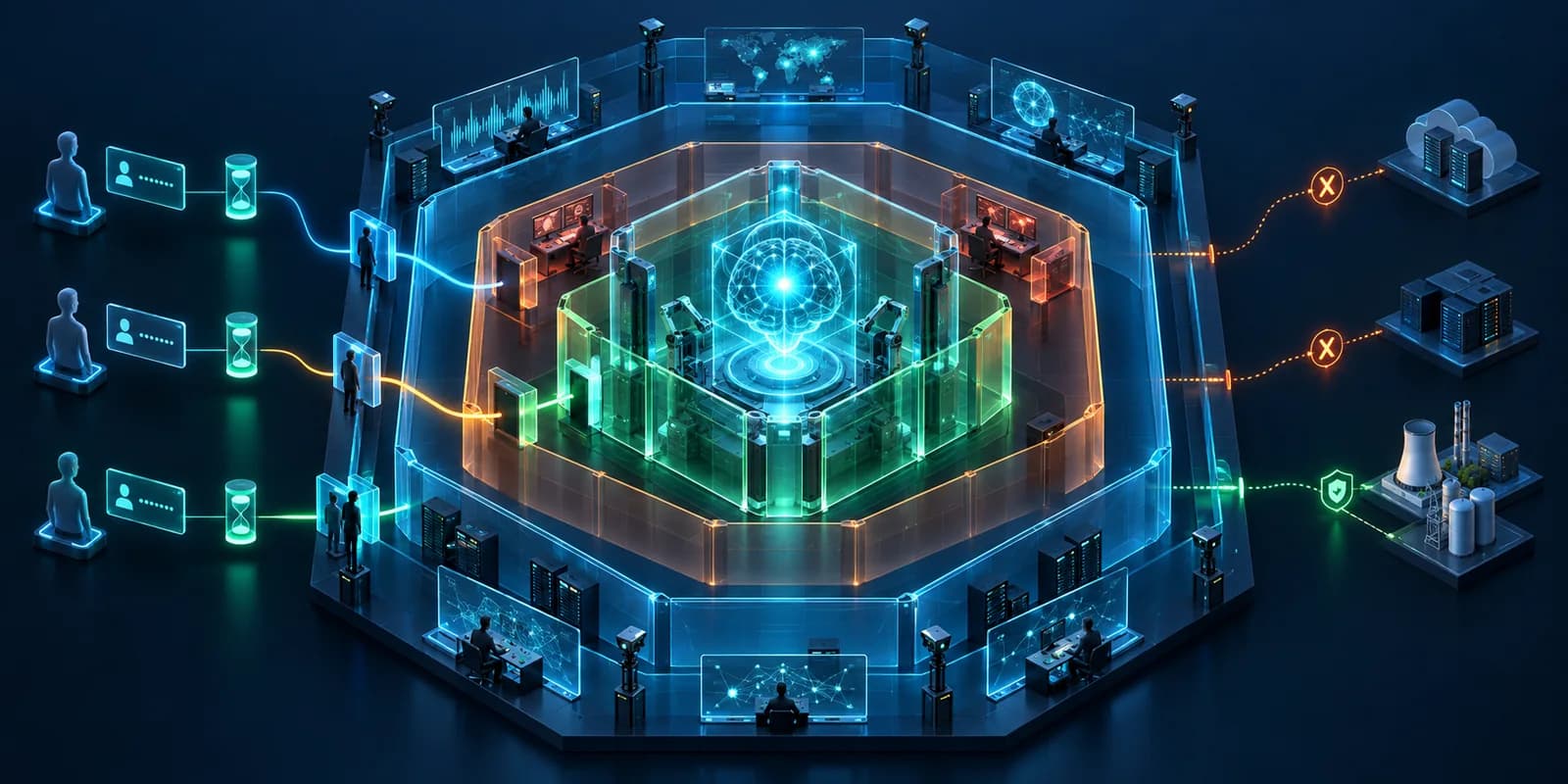 Three progressively isolated access zones protect an AI core, with verified identities, short-lived credentials, monitoring, and restricted network egress.