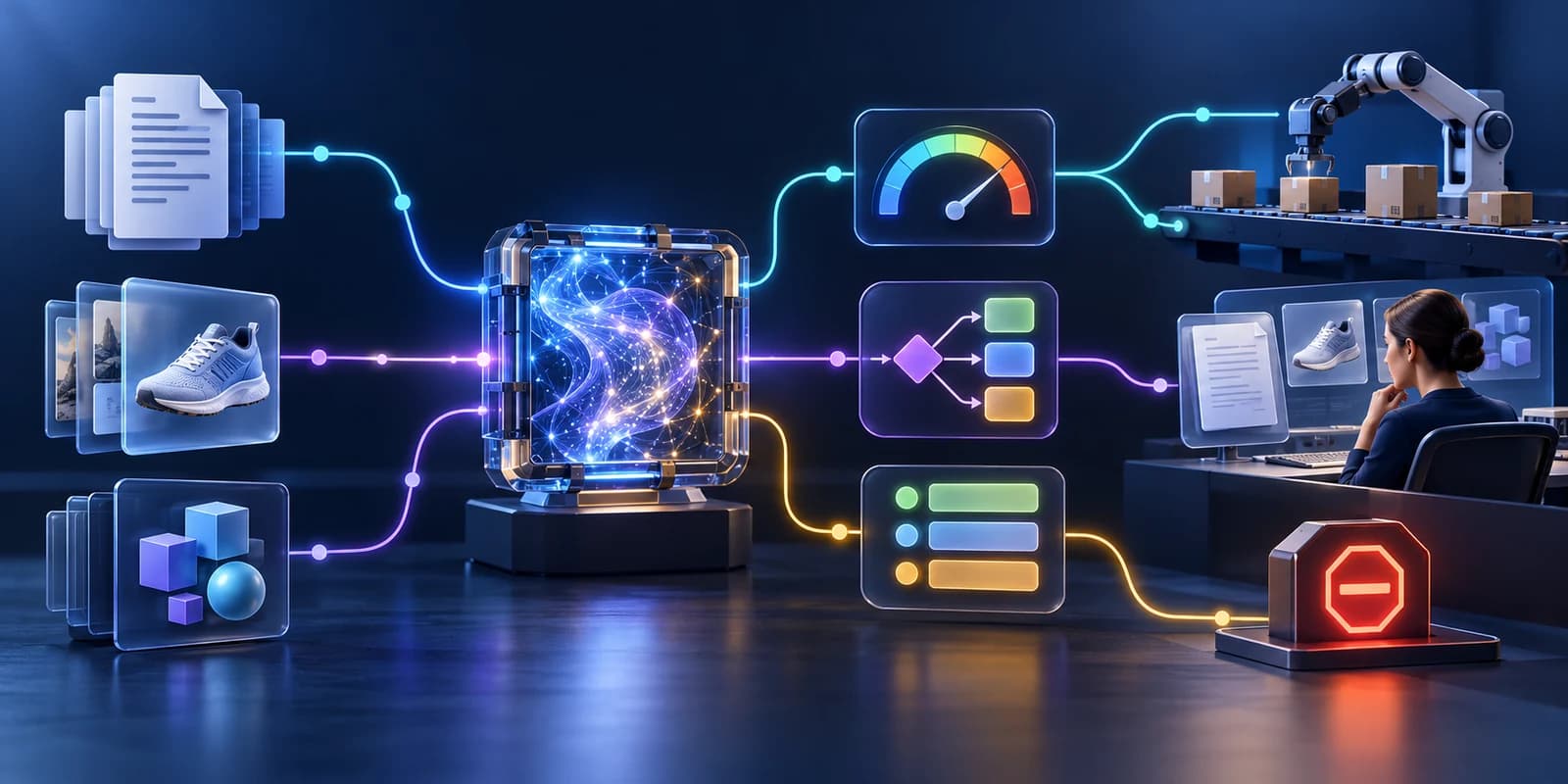 Illustration of documents, images, and structured data passing through a decision core and routing to automation, human review, or a safe fallback.