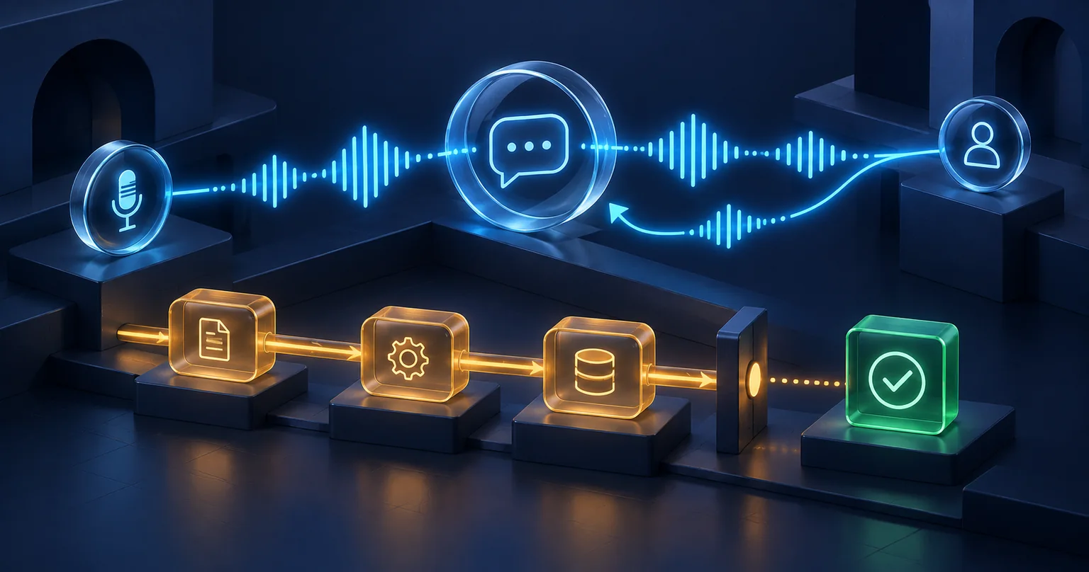 Illustration of a voice conversation and a task on parallel tracks, with an interruption and a gate before result confirmation.