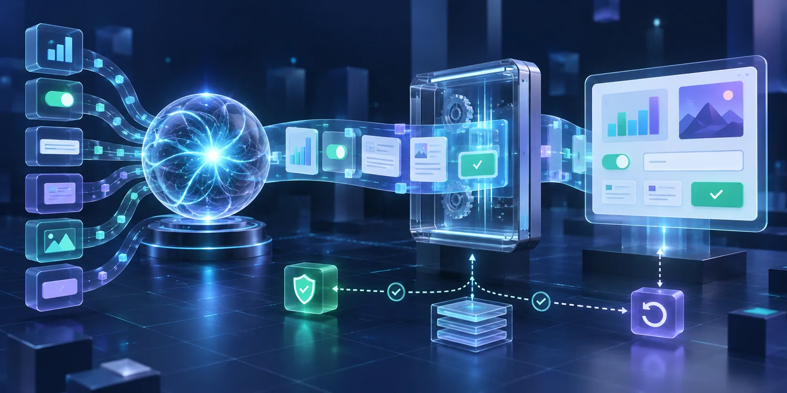 Un núcleo de IA ensambla componentes de interfaz a través de un compilador transparente, con checkpoints de seguridad, estado y reversión antes de mostrar el resultado.
