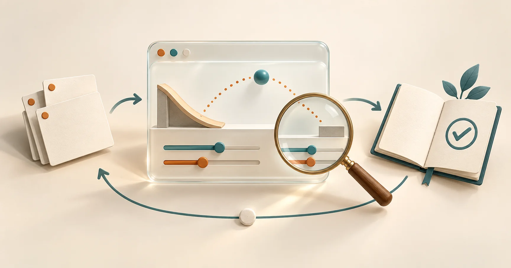 Conceptual illustration of an interactive simulation moving from objectives through review to approval; not a product screenshot.
