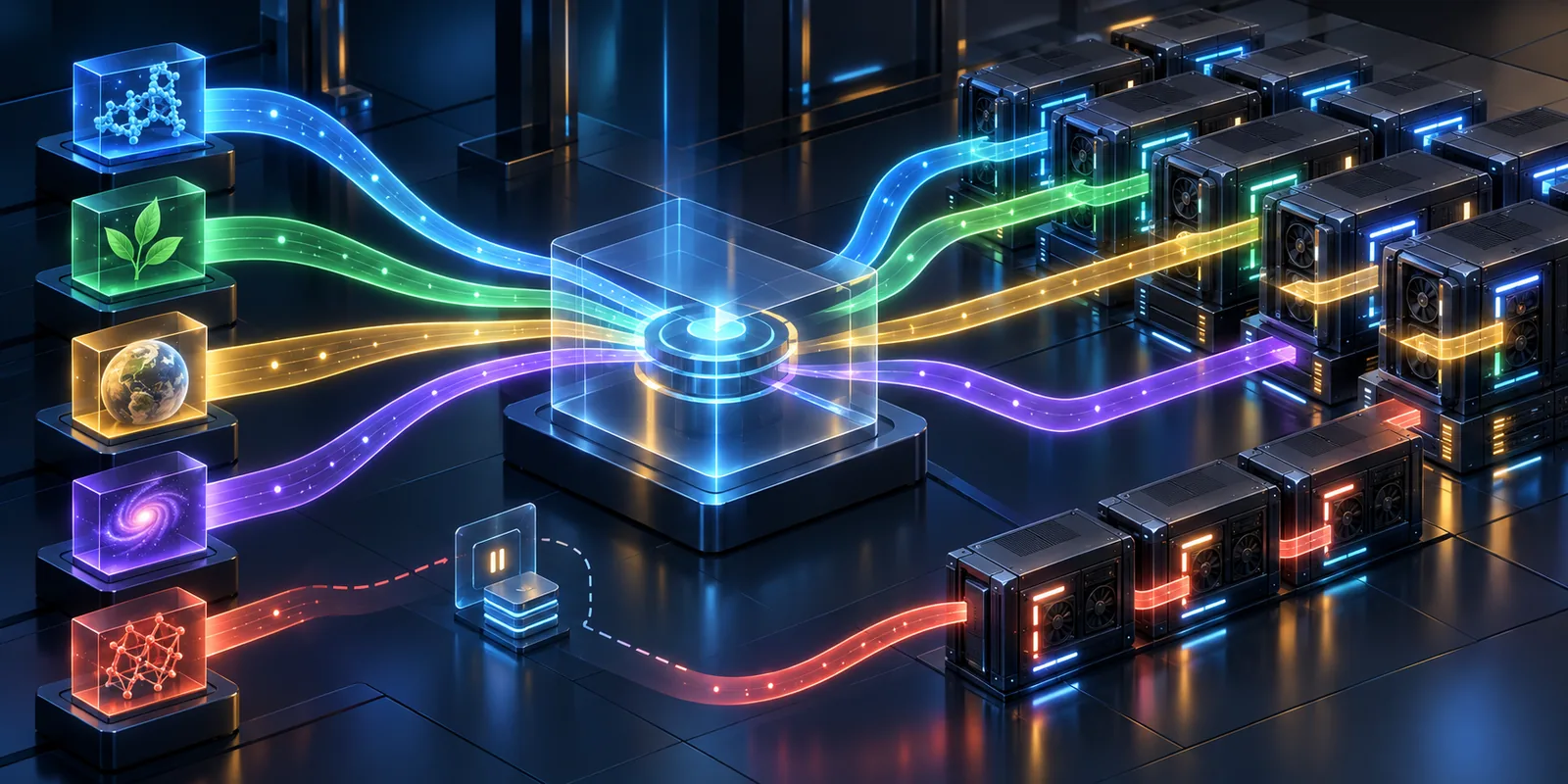 Cinco flujos de investigación reciben tiempo en un clúster GPU mediante un planificador central; un flujo se pausa y puede reanudarse sin dejar capacidad ociosa.