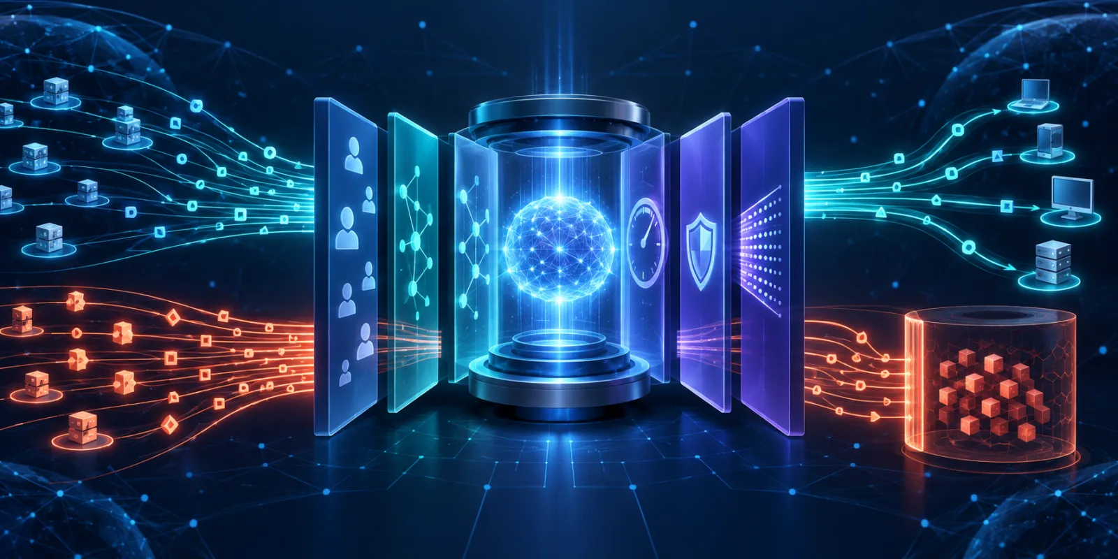 AI gateway with identity, behavior, velocity, and output layers separating normal traffic from coordinated extraction requests.