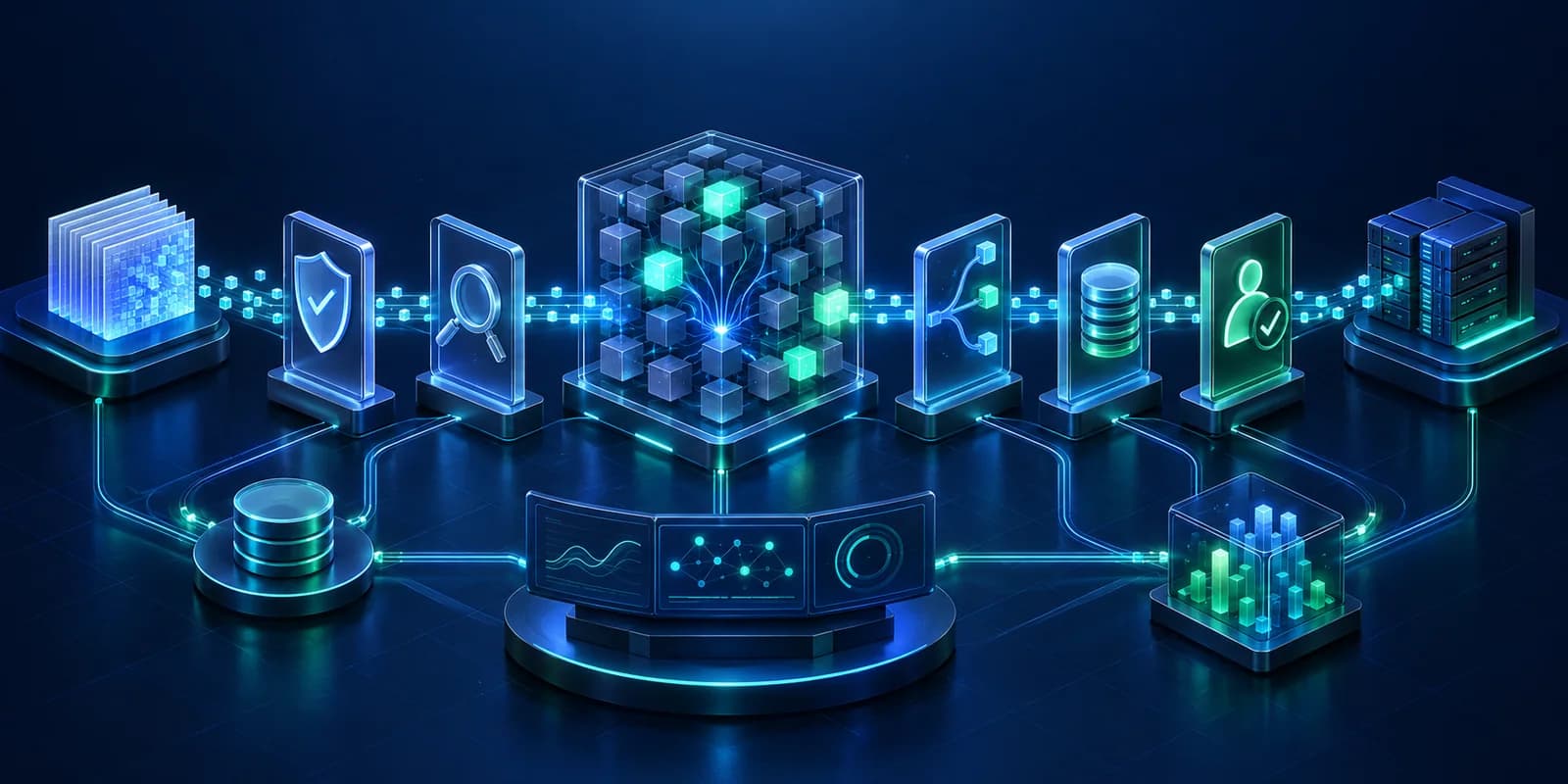 Ilustración de un modelo de mezcla de expertos que atraviesa gates de evaluación, seguridad, caché, observabilidad y aprobación antes de llegar a producción.