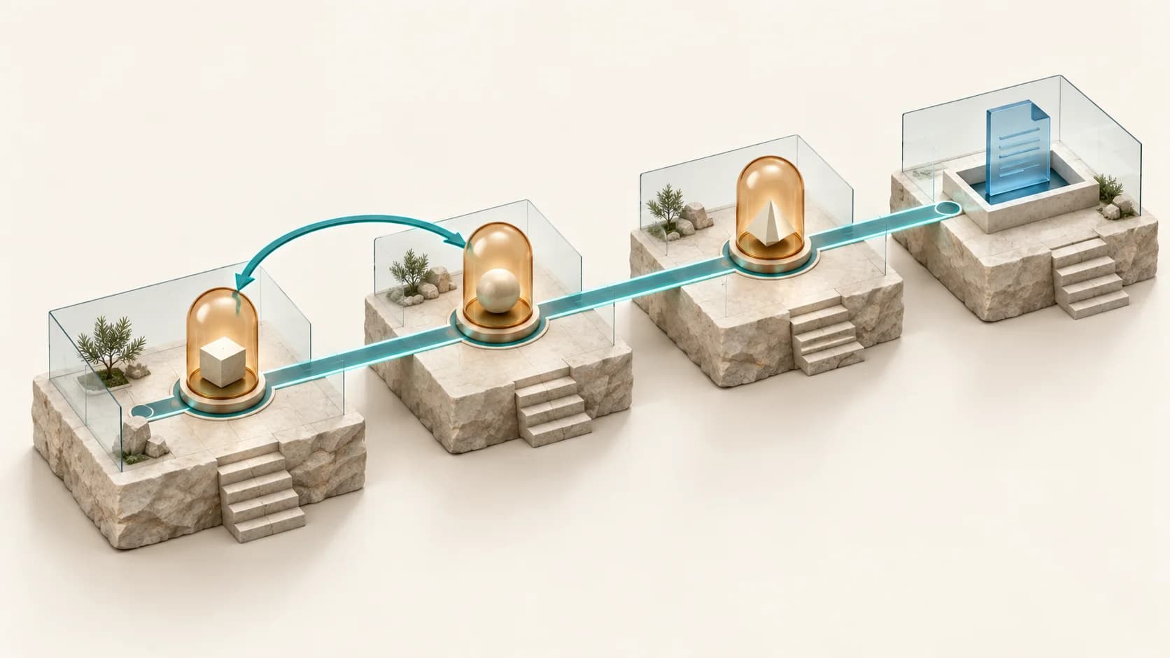 A workflow crosses checkpoints that preserve results and allow returning to an earlier stage before delivering a document