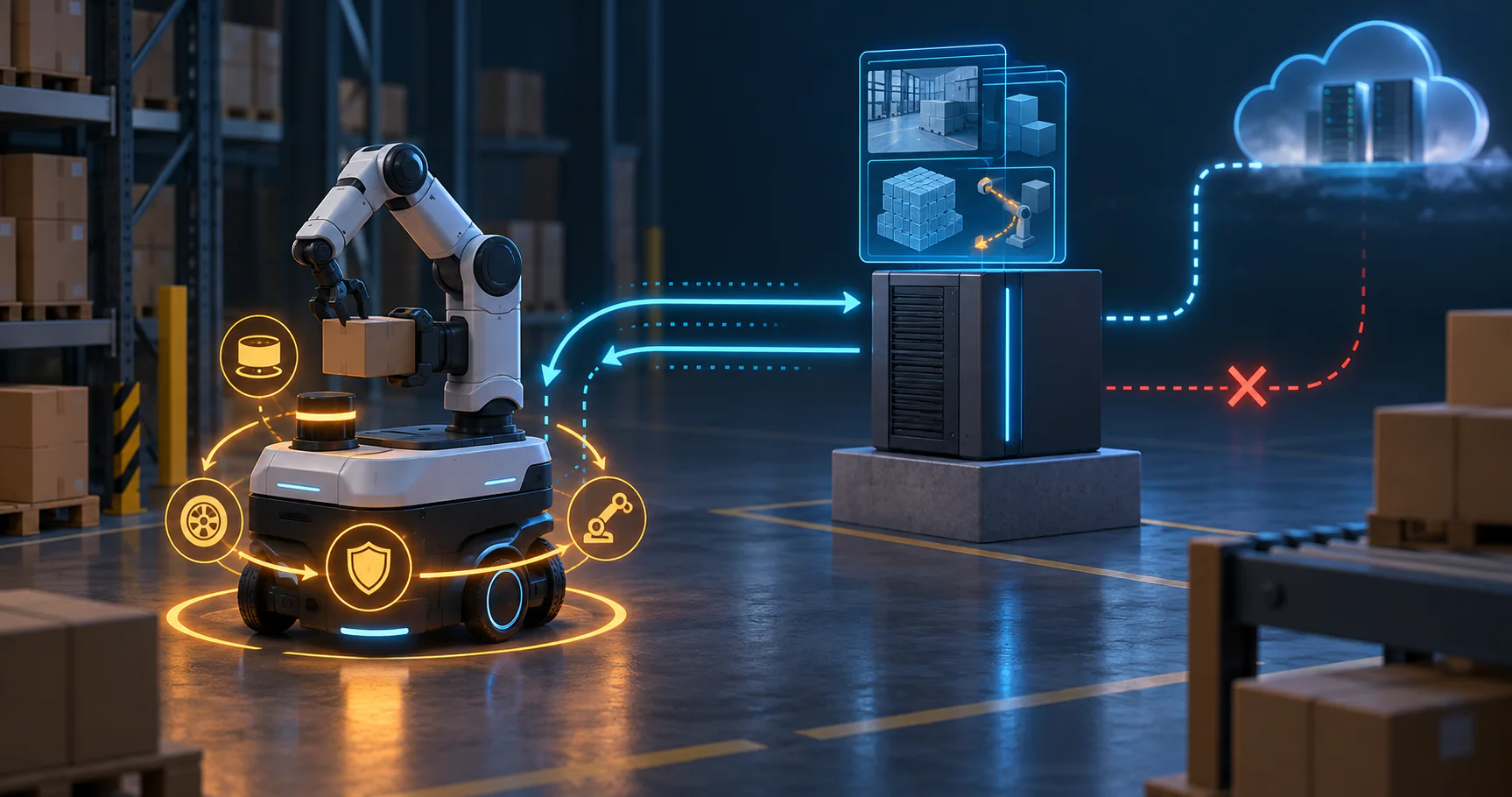 Ilustración conceptual de un robot con un bucle local de seguridad y una ruta separada hacia cómputo edge, incluida una caída de red segura.
