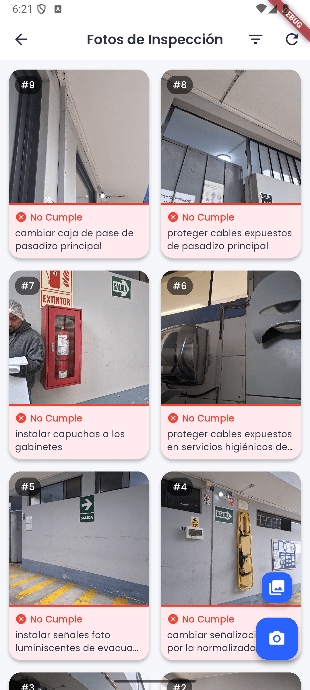 InspecciónApp showing photographs of findings, compliance status and observations