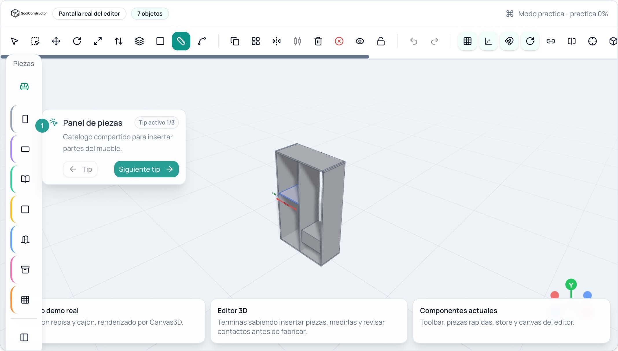 Editor real de SodiConstructor con un mueble de demostración, herramientas y catálogo de piezas