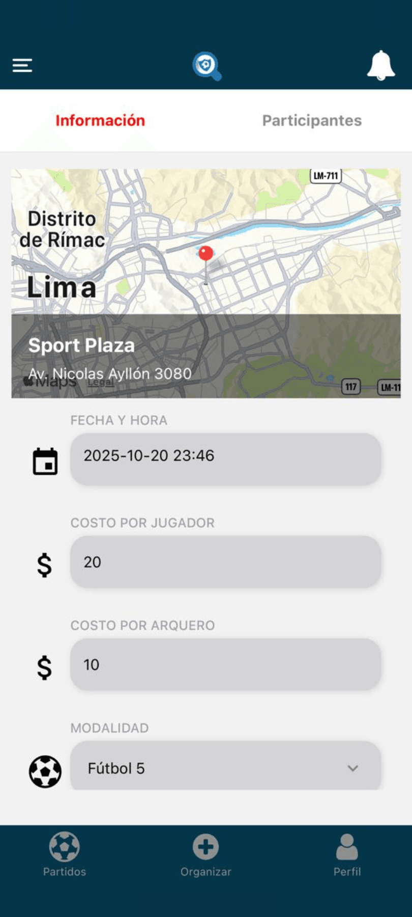 Trova match detail with the field on a map, the date, the cost per player and per goalkeeper, and the format