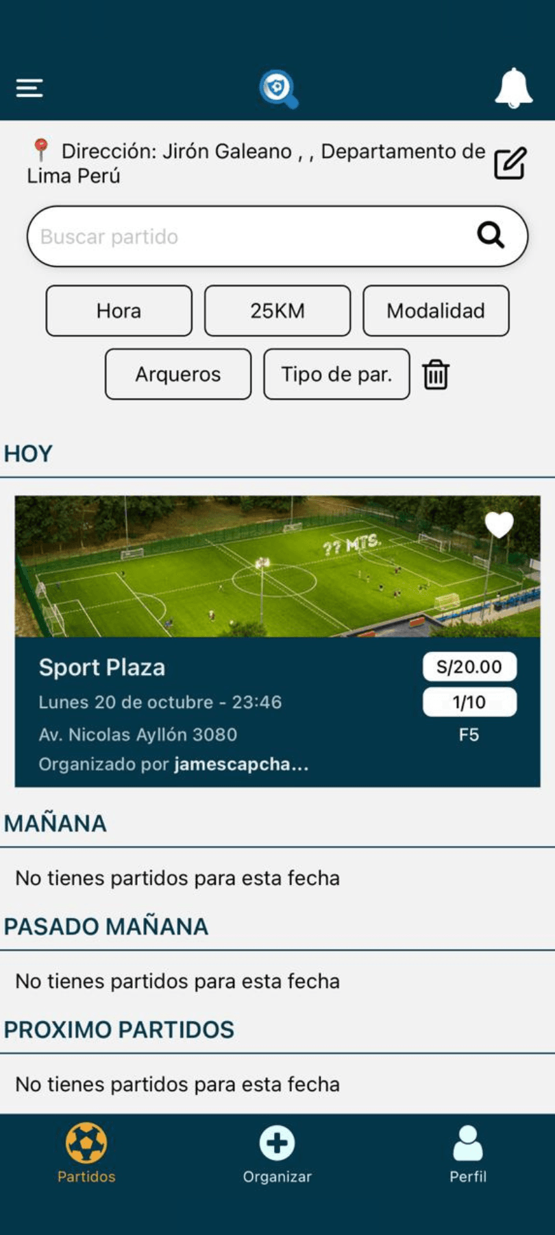 Trova match list with search, filters for time, distance and format, and a game today with its price and open spots